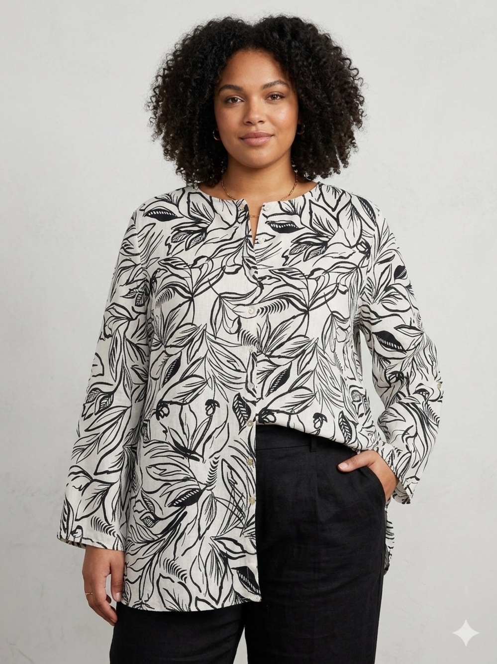 Christian Siriano Black & White Leaf-Print Tunic Top 100% linen